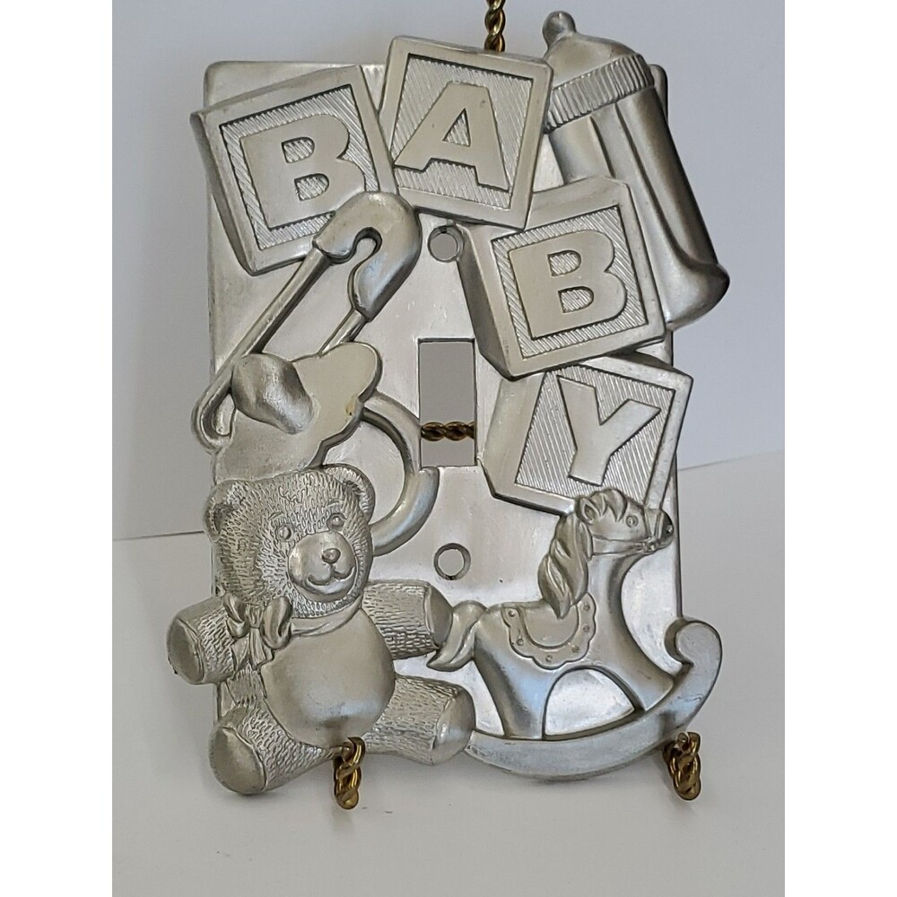 Vntg. Light Switch Cover Baby Metal/Pewter Blocks/Bottle/Bear/Horse/Diaper Pin‎